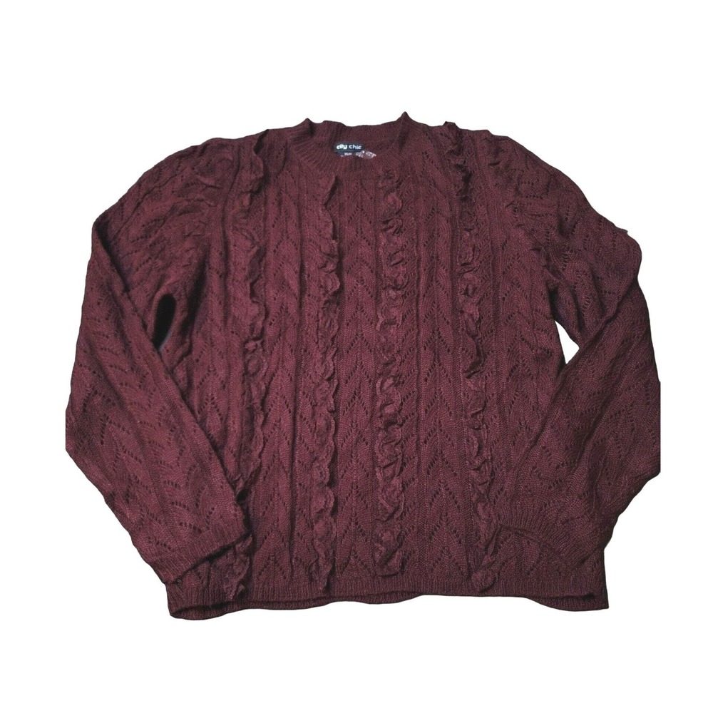 City Chic Sweater Burgundy Pullover Long Sleeve Crew Neck Ruffle Preppy 14